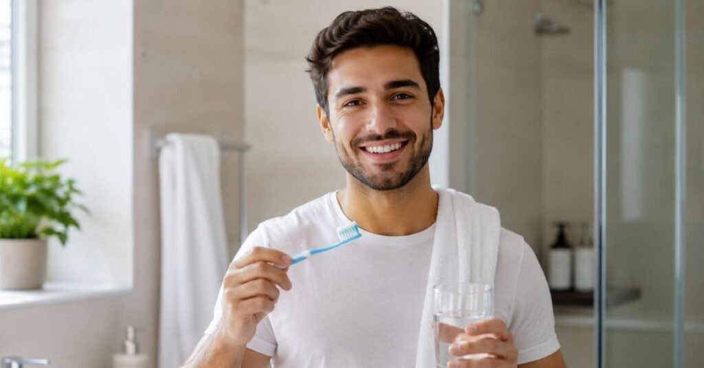 Person practicing daily oral hygiene habits for a healthy smile