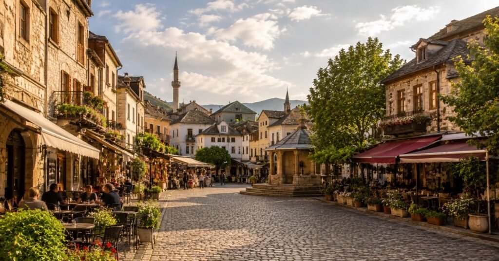 Historic old town square with cafés and local boutiques
