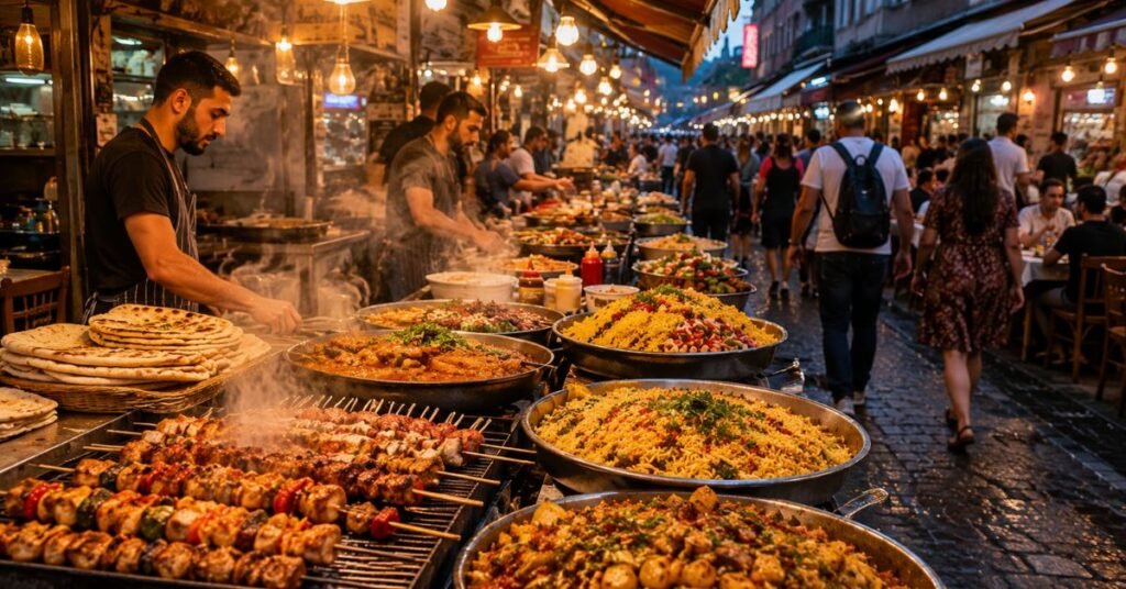 Local street food market showcasing traditional and modern dishes